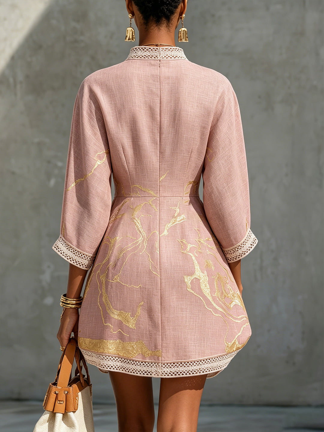 Ninon | Mini Dress in Crocheted Lace Pink with Golden Patterns and V-Neck