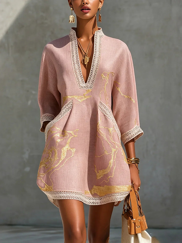 Calista | Mini Dress Pink Lace with V-Neck