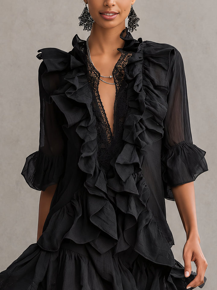 Anaïs | Black Chiffon Mini Dress with Ruffles