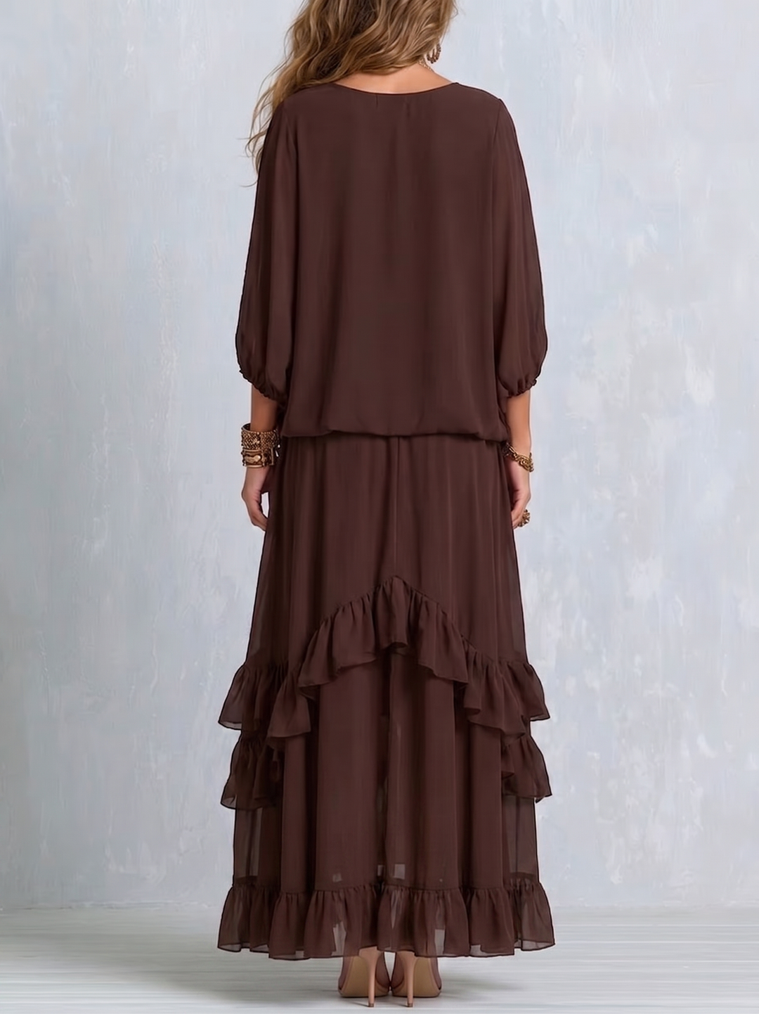 Orelia | Brown Chiffon Top with Fringes and Flared Skirt
