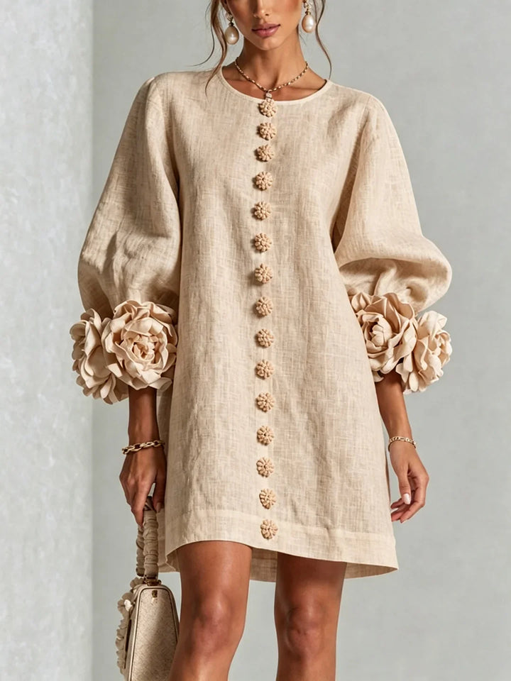 Elvira | Mini Dress White with Floral Buttons and Flower Sleeves