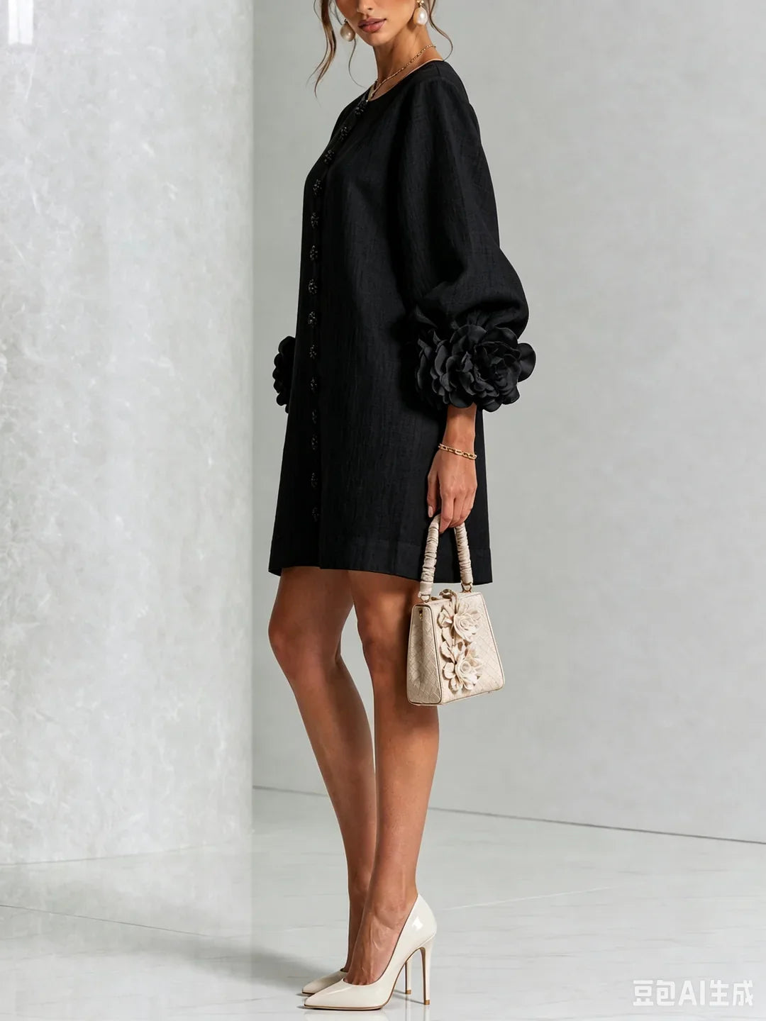 Elvira | Mini Dress White with Floral Buttons and Flower Sleeves