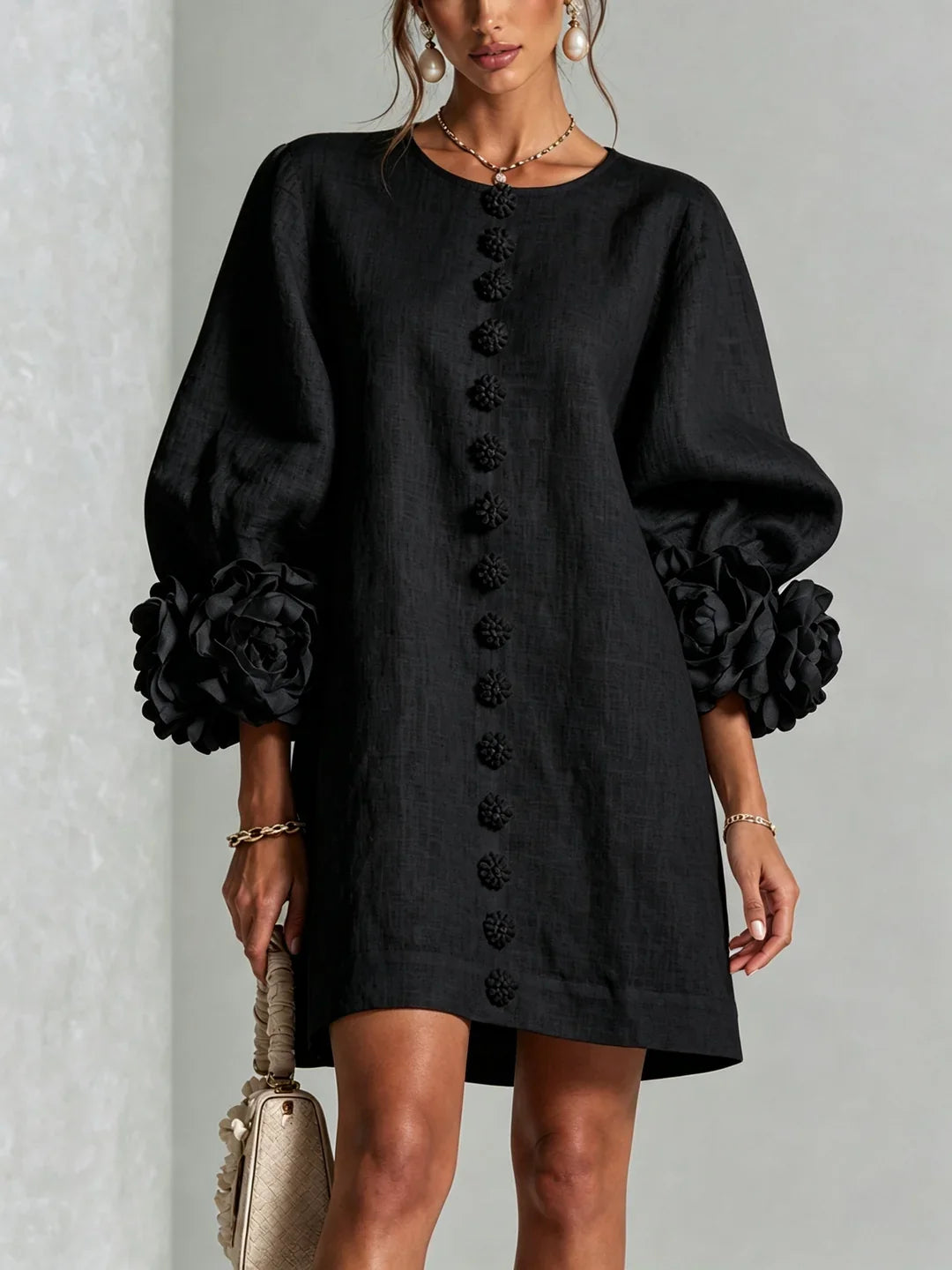 Elvira | Mini Dress White with Floral Buttons and Flower Sleeves