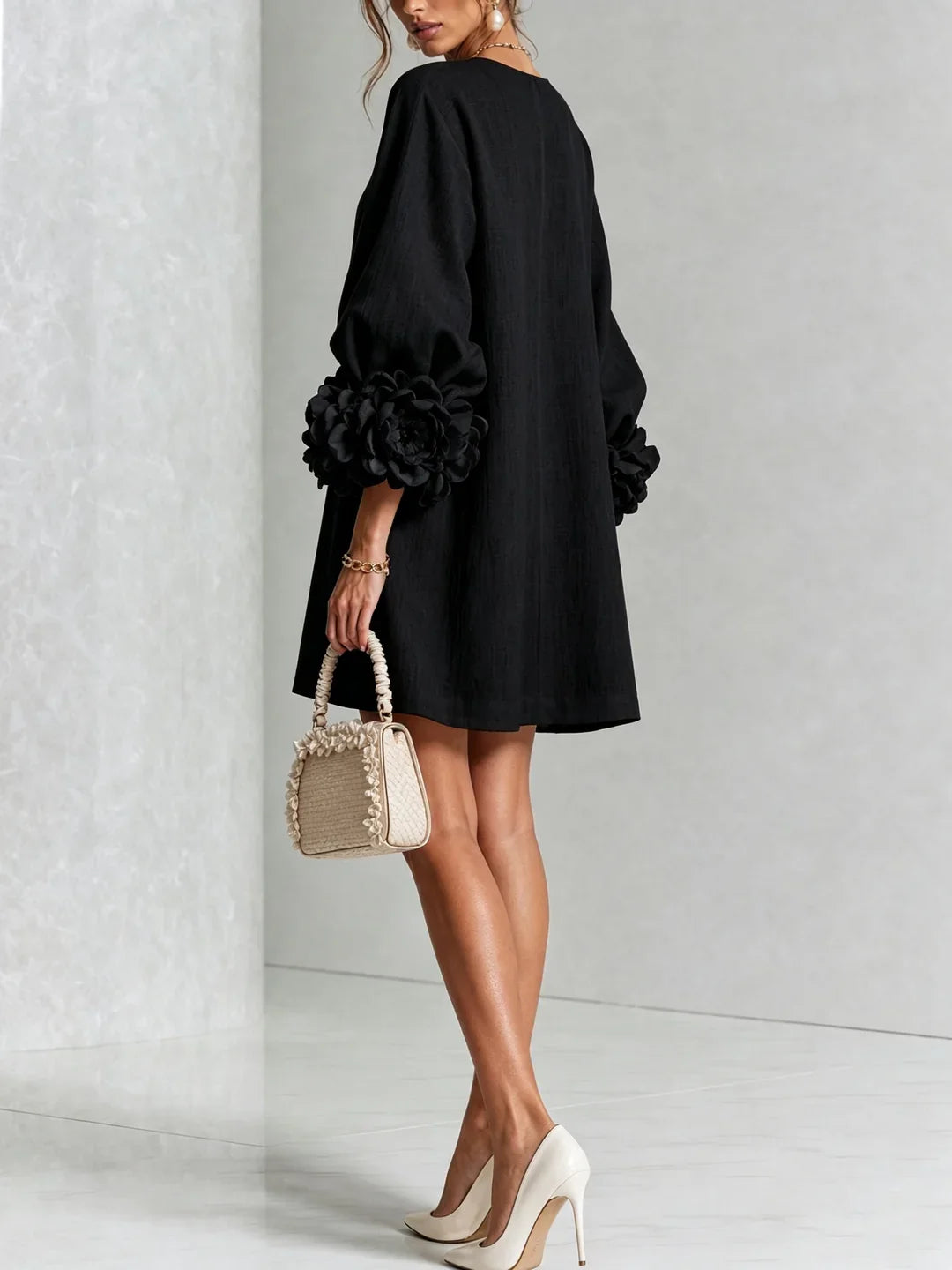 Elvira | Mini Dress White with Floral Buttons and Flower Sleeves