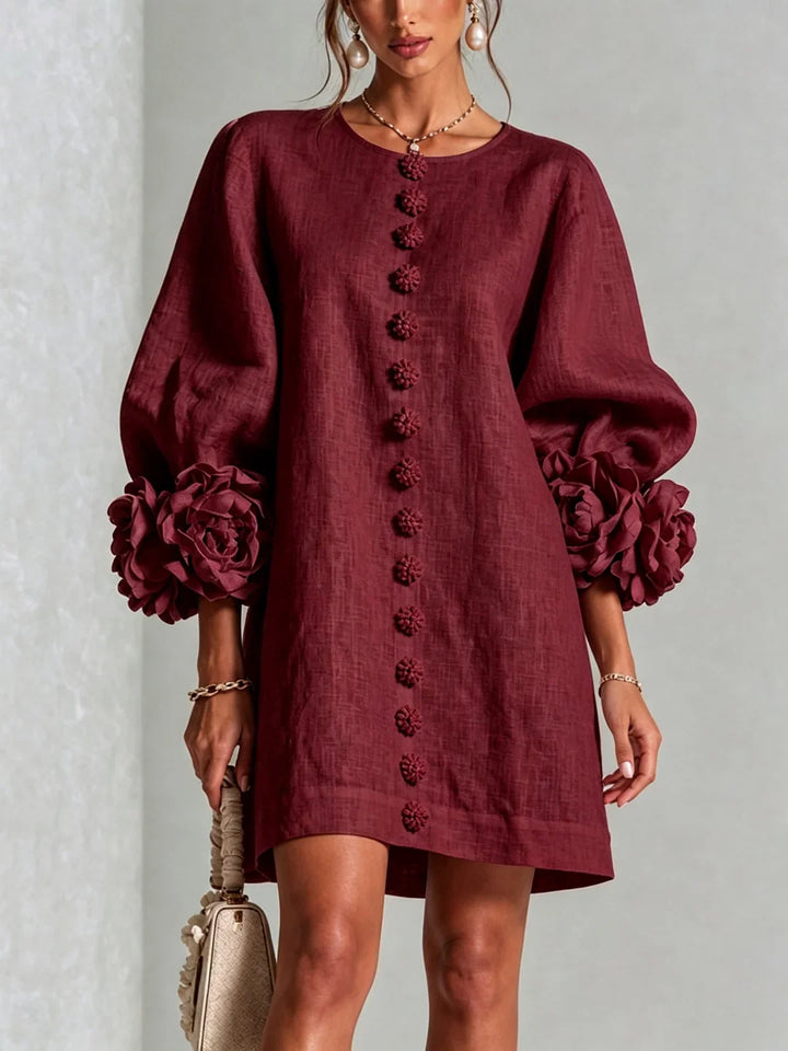 Elvira | Mini Dress White with Floral Buttons and Flower Sleeves
