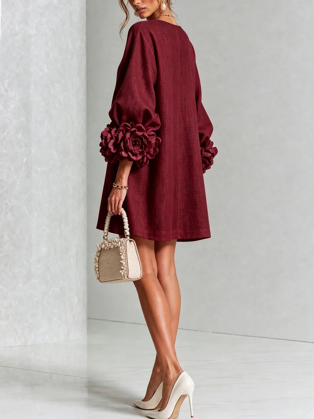 Elvira | Mini Dress White with Floral Buttons and Flower Sleeves