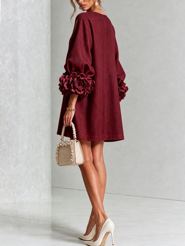 Elvira | Mini Dress White with Floral Buttons and Flower Sleeves