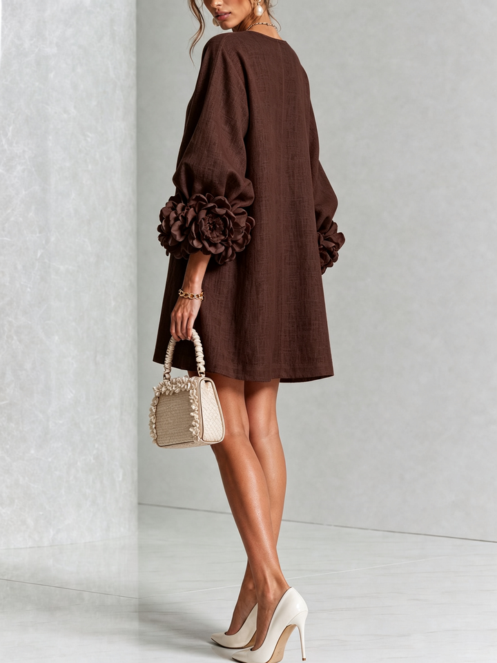 Bruna | Mini Dress in Linen Blend with Bow Sleeves, Chocolate Brown