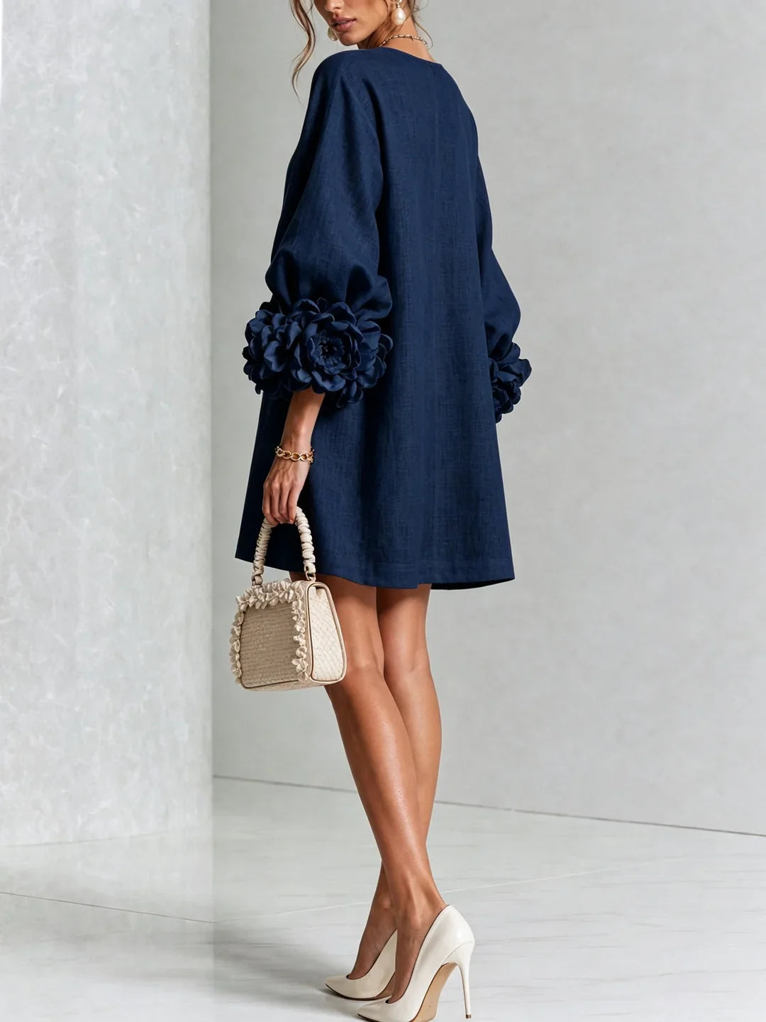 Elvira | Mini Dress White with Floral Buttons and Flower Sleeves
