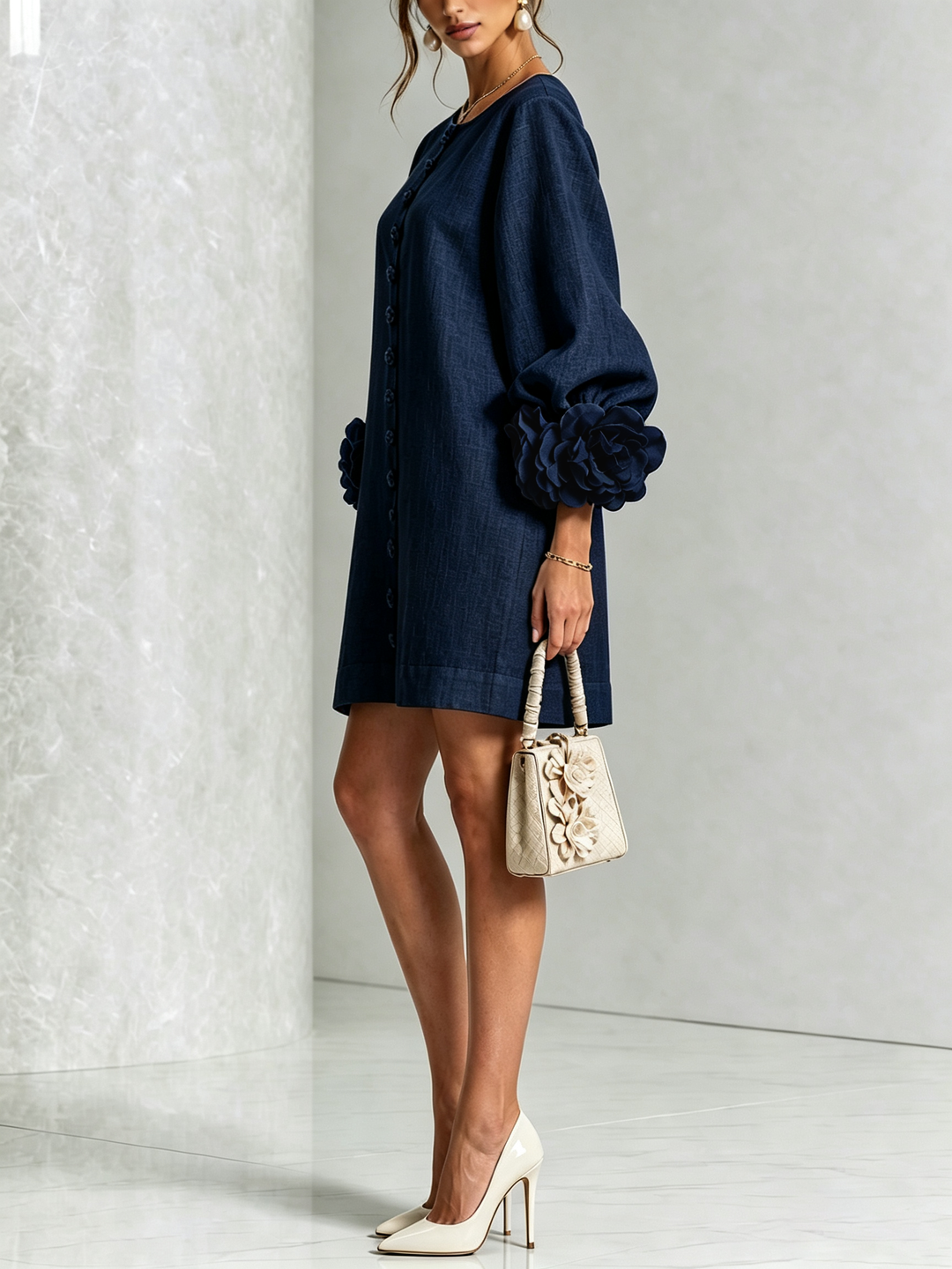 Marina | Mini Dress in Linen Blend with Bow Sleeves, Dark Blue