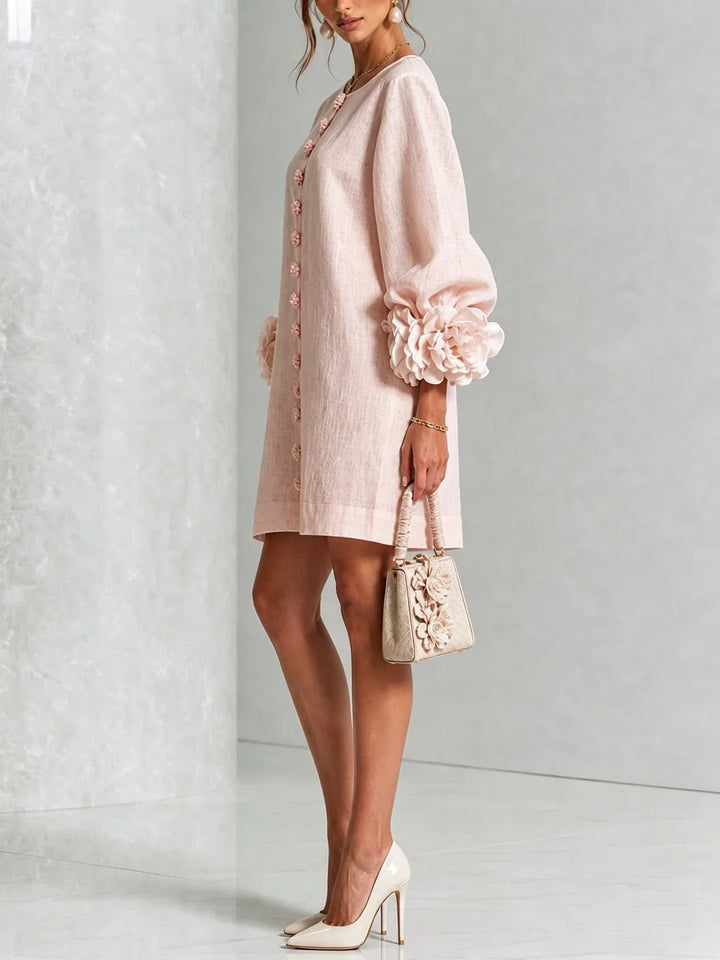 Elvira | Mini Dress White with Floral Buttons and Flower Sleeves