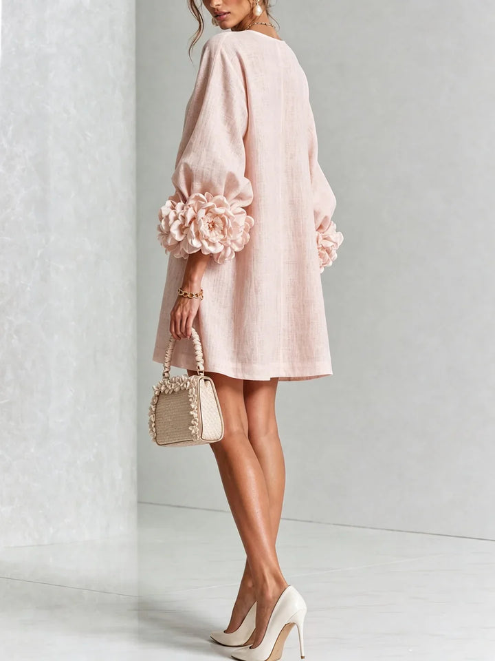 Elvira | Mini Dress White with Floral Buttons and Flower Sleeves