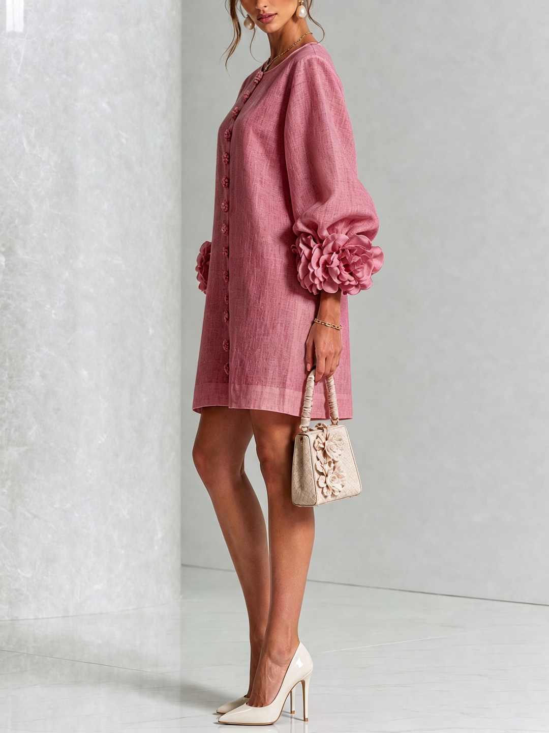 Alba | Mini Dress in Linen Blend with Bow Cuffs, Antique Pink