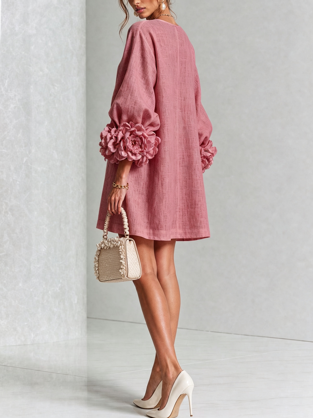 Alba | Mini Dress in Linen Blend with Bow Cuffs, Antique Pink