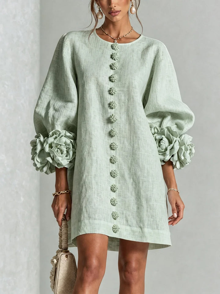 Elvira | Mini Dress White with Floral Buttons and Flower Sleeves
