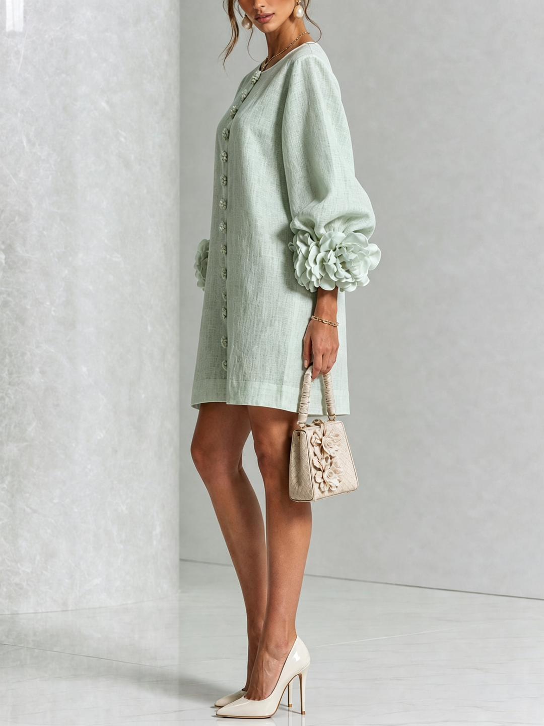 Fiona | Floral Button-down Mini Dress With Striking Floral Cuffs