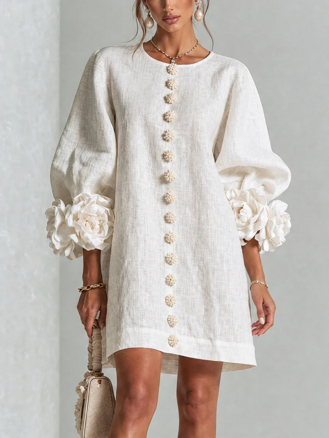 Elvira | Mini Dress White with Floral Buttons and Flower Sleeves