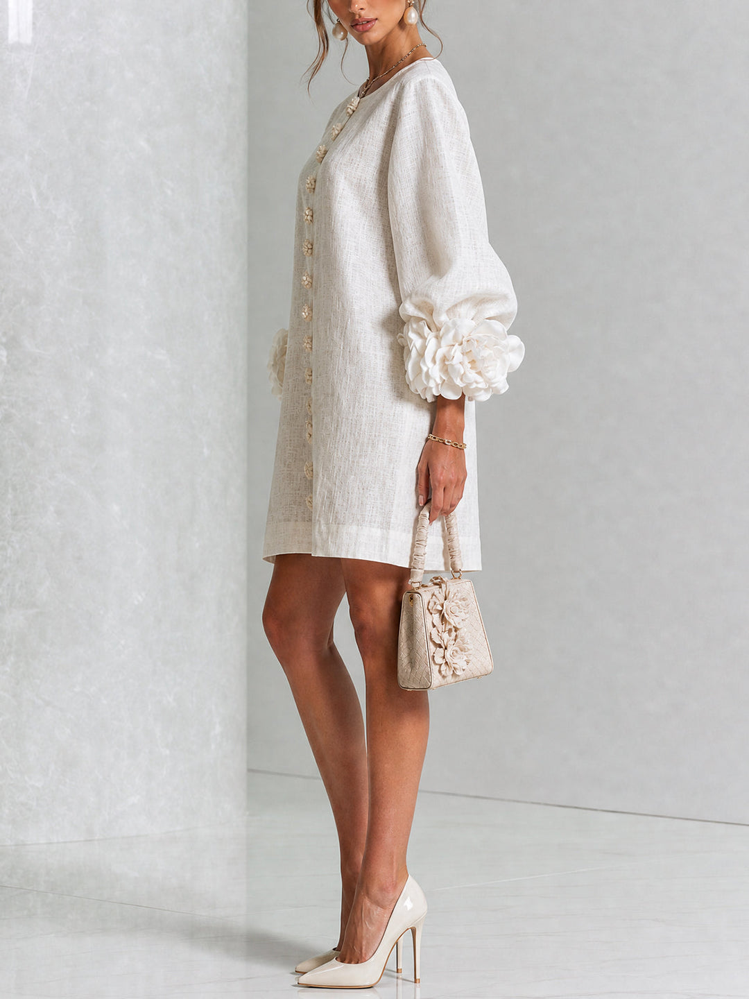 Chiara | Mini Dress in Linen Blend with Bow Sleeves, White