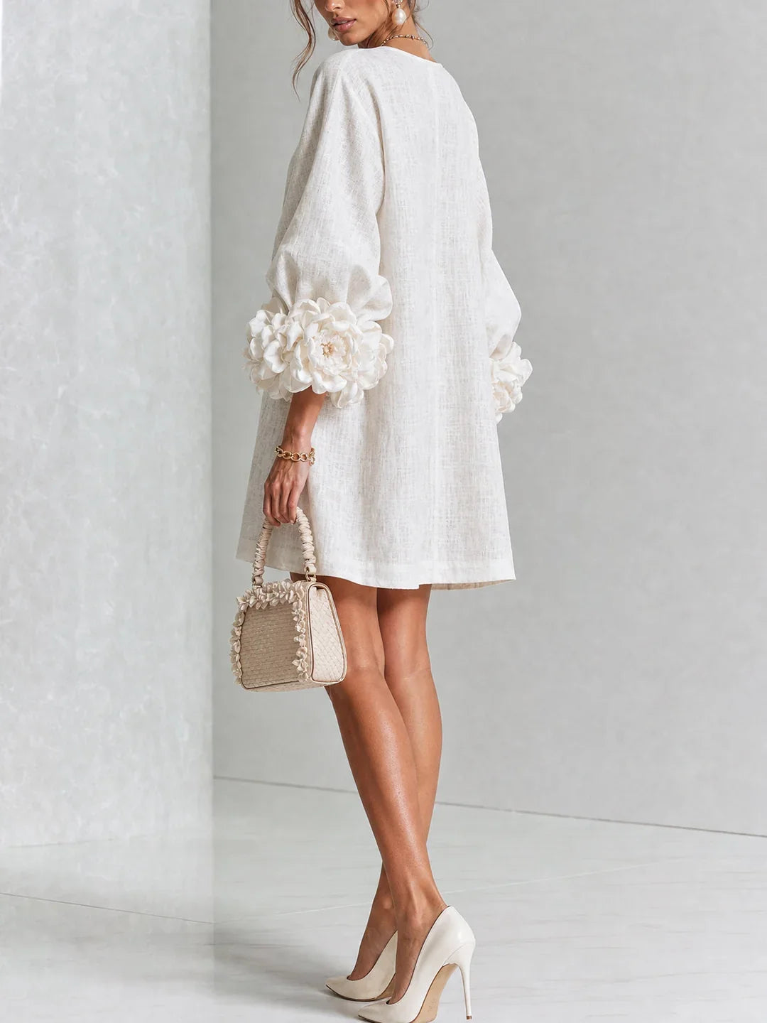 Elvira | Mini Dress White with Floral Buttons and Flower Sleeves