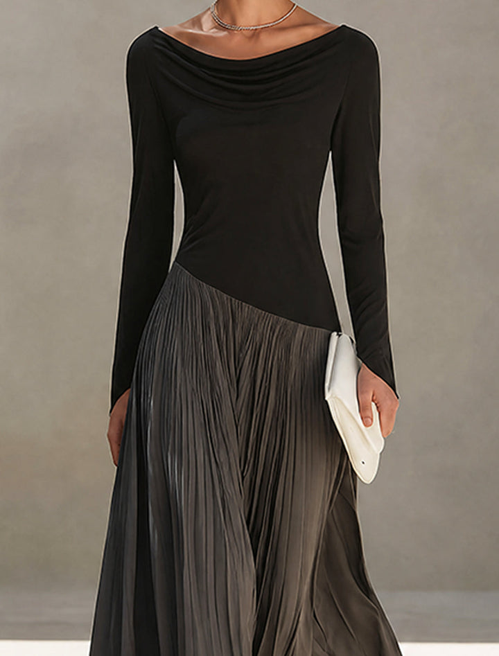 Chanelle | Black And Gray Two-tone Patchwork Draped Neckline Pleated Maxi Dress