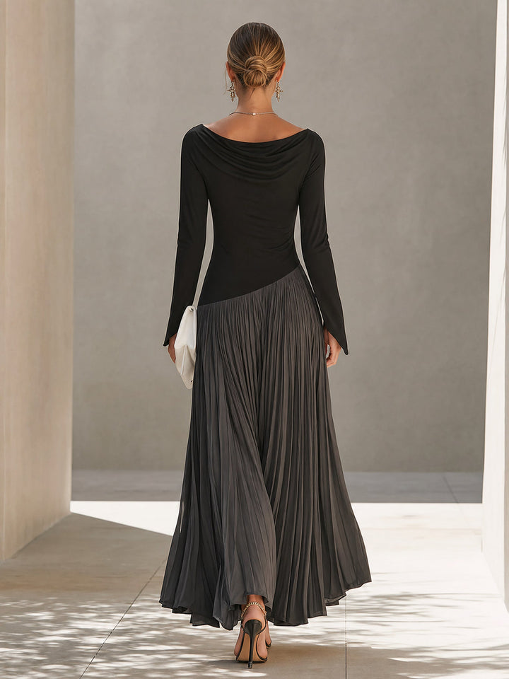 Chanelle | Black And Gray Two-tone Patchwork Draped Neckline Pleated Maxi Dress