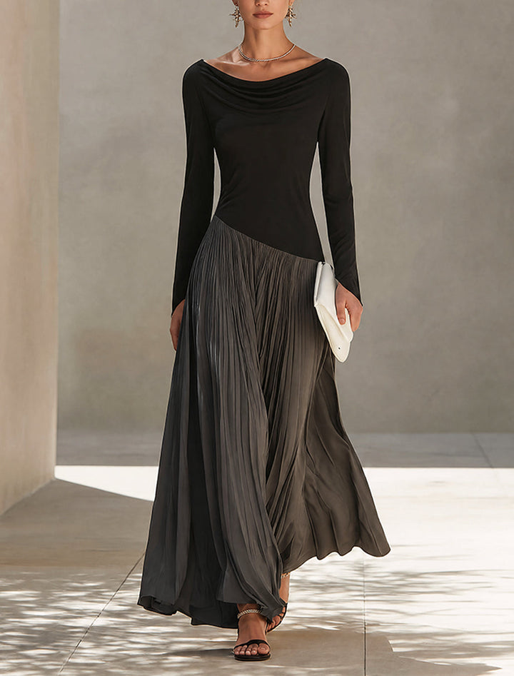 Chanelle | Black And Gray Two-tone Patchwork Draped Neckline Pleated Maxi Dress