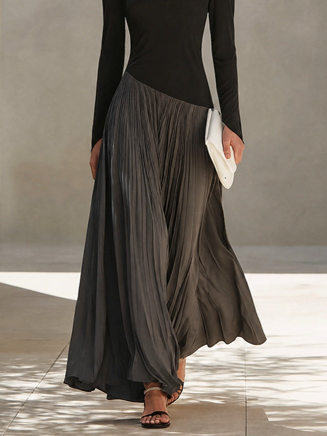 Chanelle | Black And Gray Two-tone Patchwork Draped Neckline Pleated Maxi Dress