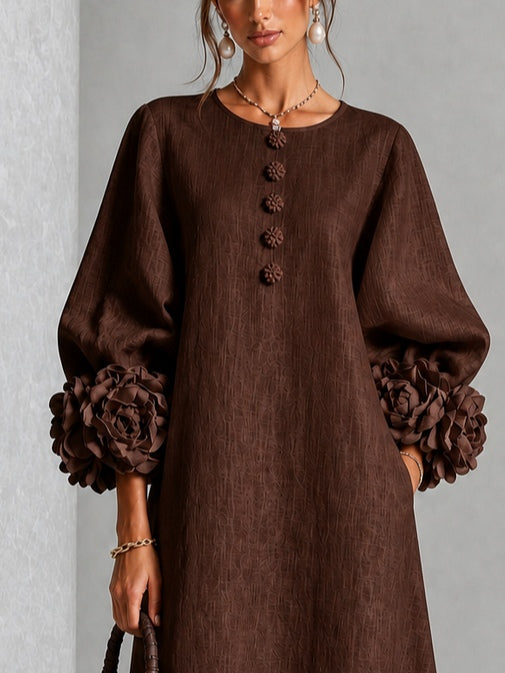 Capucine | Midi Dress with Puff Sleeves and Floral Buttons