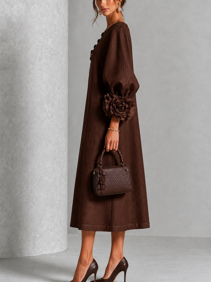 Capucine | Midi Dress with Puff Sleeves and Floral Buttons
