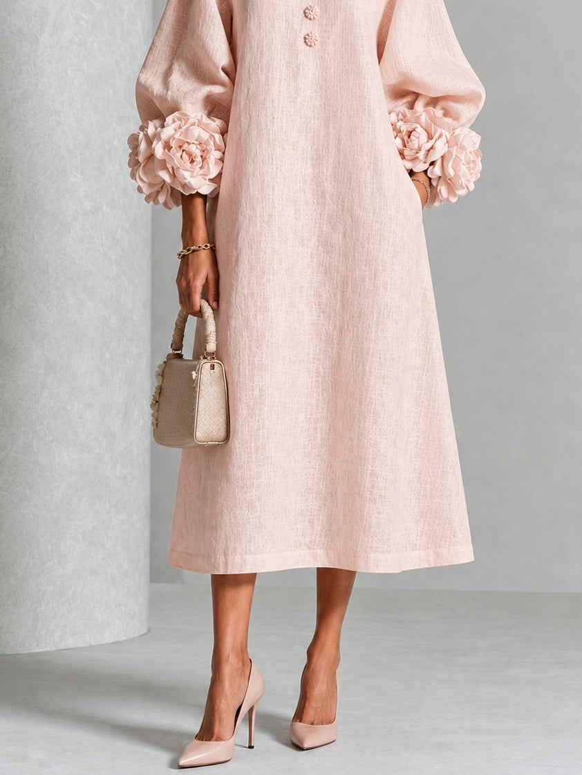 Hadlee Rosette-Cuff Button Midi Dress in pink, close-up of the A-line skirt