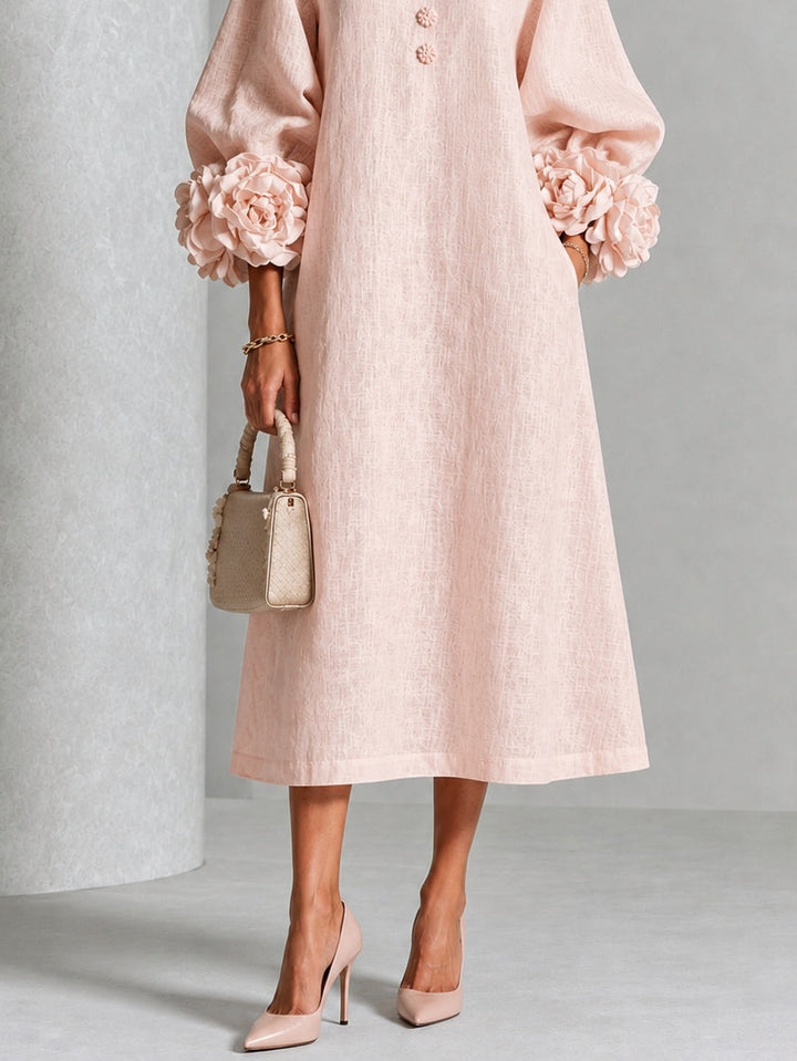 Hadlee Rosette-Cuff Button Midi Dress in pink, close-up of the A-line skirt