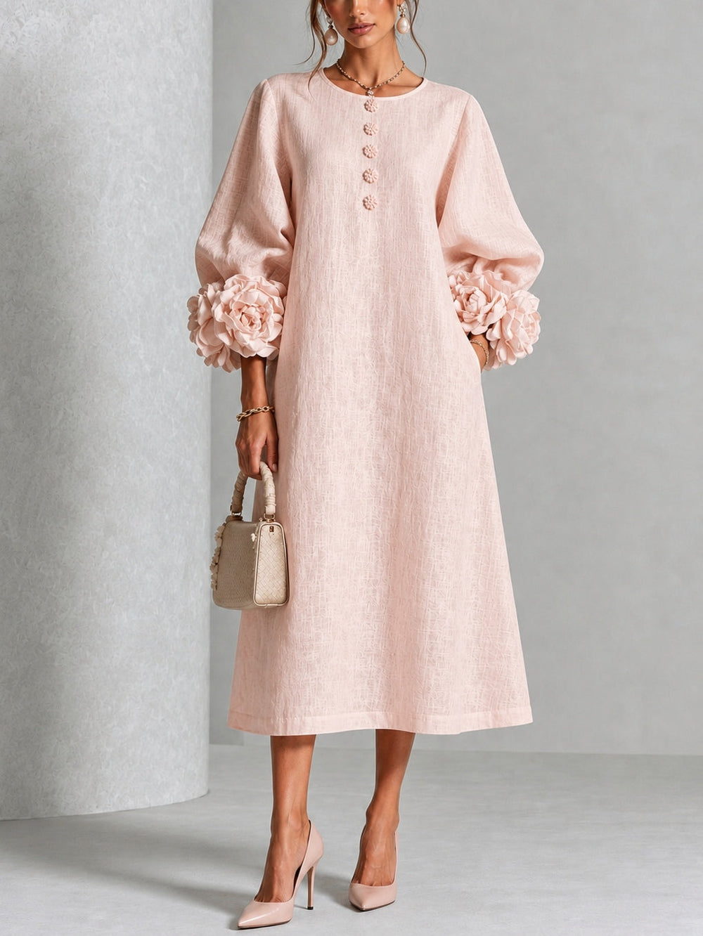Hadlee Rosette-Cuff Button Midi Dress in pink, front view