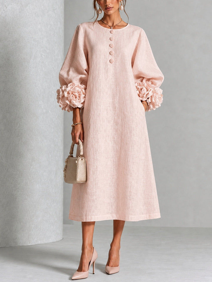 Hadlee Rosette-Cuff Button Midi Dress in pink, front view