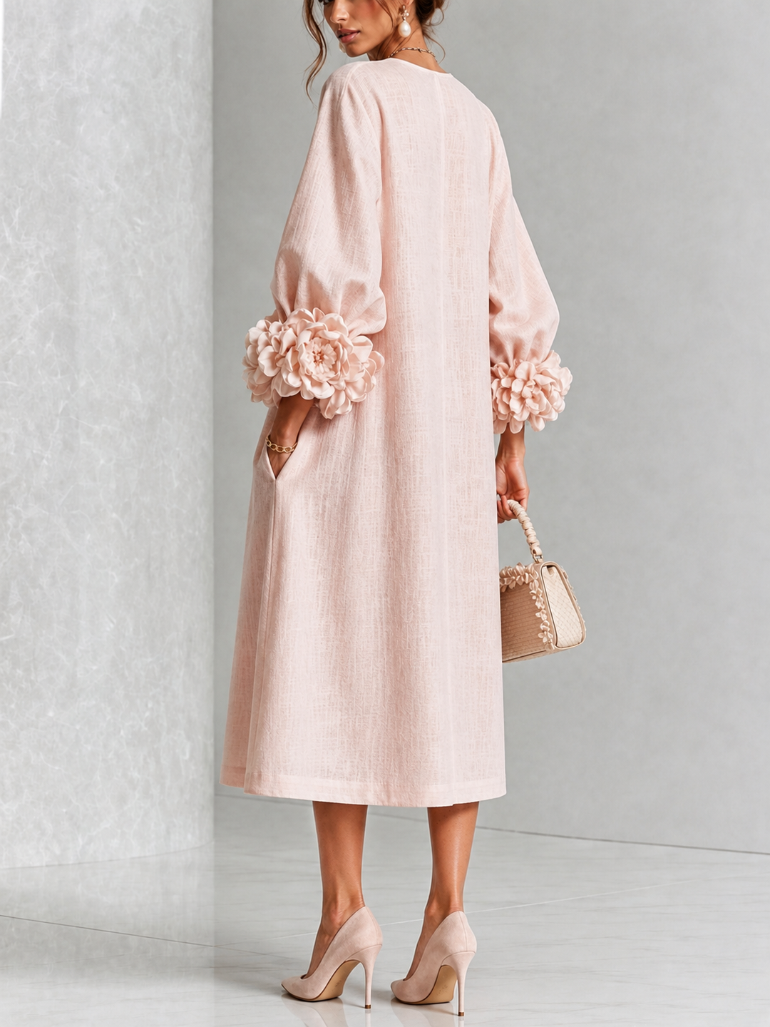 Hadlee Rosette-Cuff Button Midi Dress in pink, back view