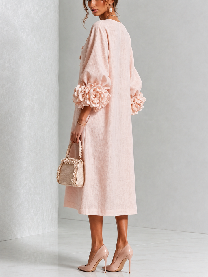 Hadlee Rosette-Cuff Button Midi Dress in pink, side view