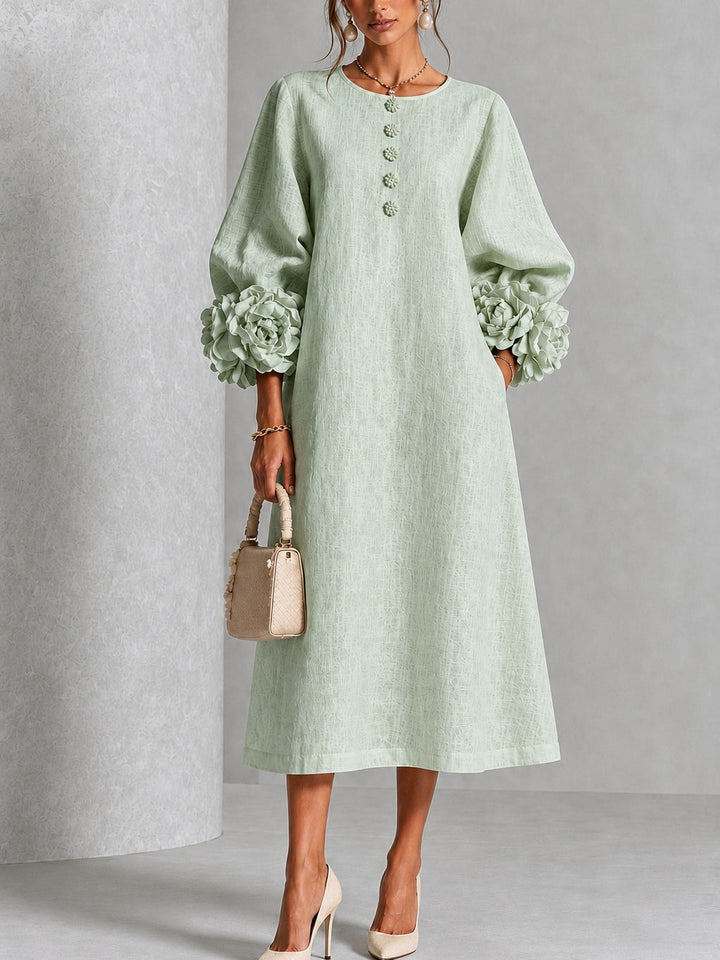 Capucine | Midi Dress with Puff Sleeves and Floral Buttons