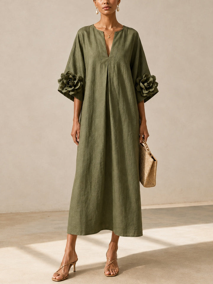 Eleanora | Midi Dress Olive Green with V-Neck and Extravagant Floral Sleeves