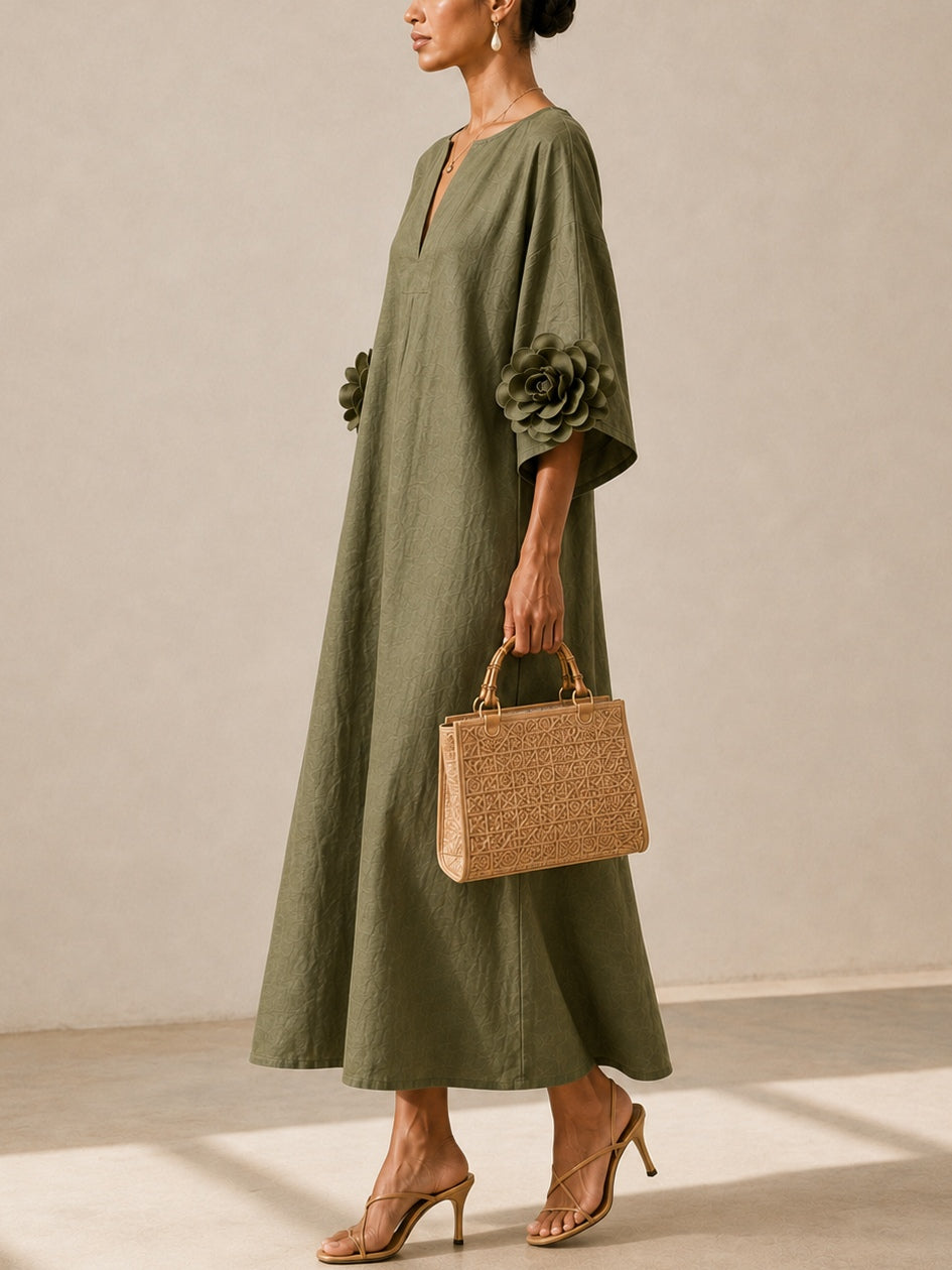 Eleanora | Midi Dress Olive Green with V-Neck and Extravagant Floral Sleeves