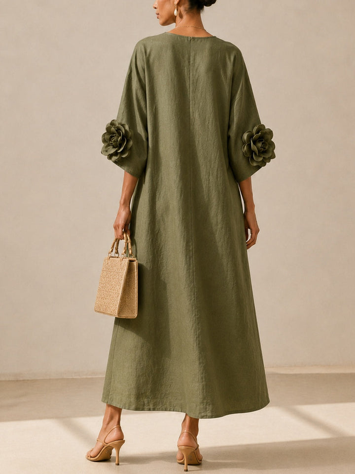 Eleanora | Midi Dress Olive Green with V-Neck and Extravagant Floral Sleeves