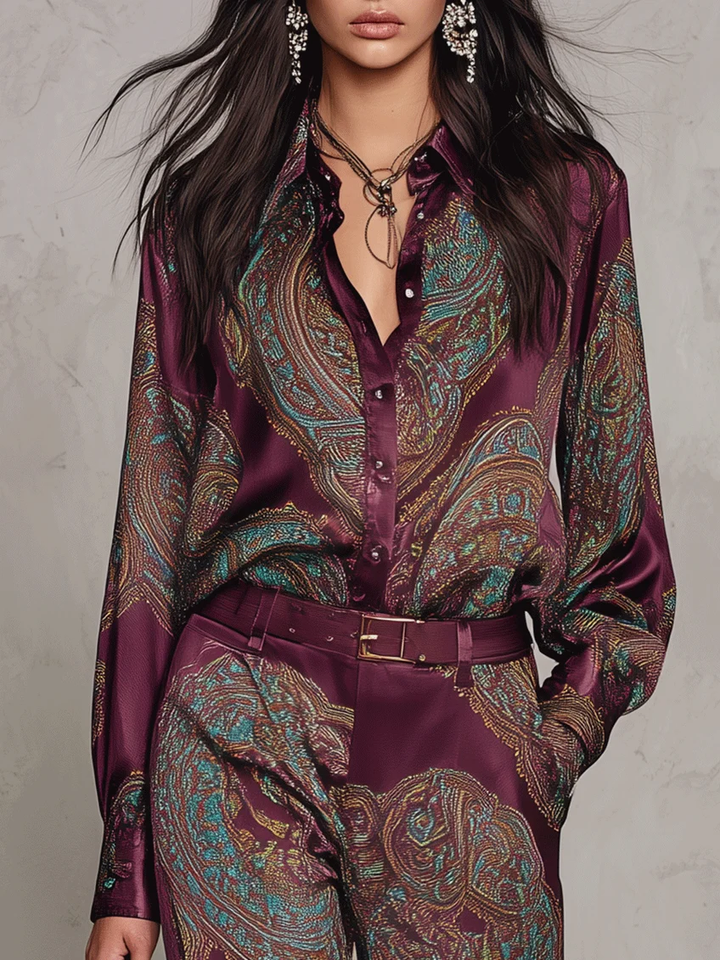 Cecilie | Long Sleeve Satin Shirt in Burgundy-Purple Paisley Print and Wide Leg Pants