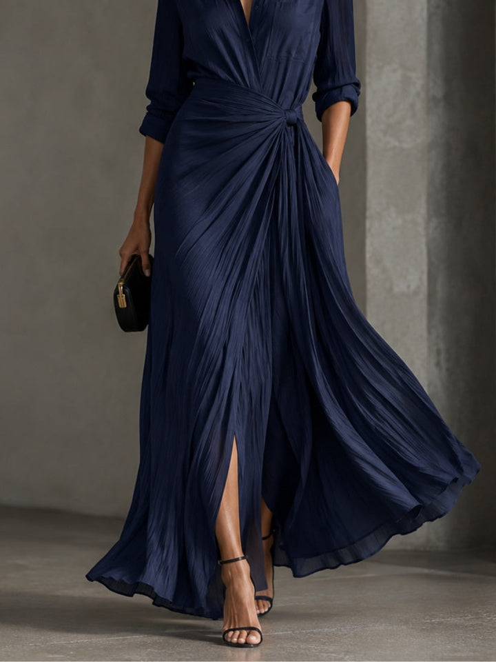 Gianella | Elegant Navy Blue Maxi Shirt Dress with Knot
