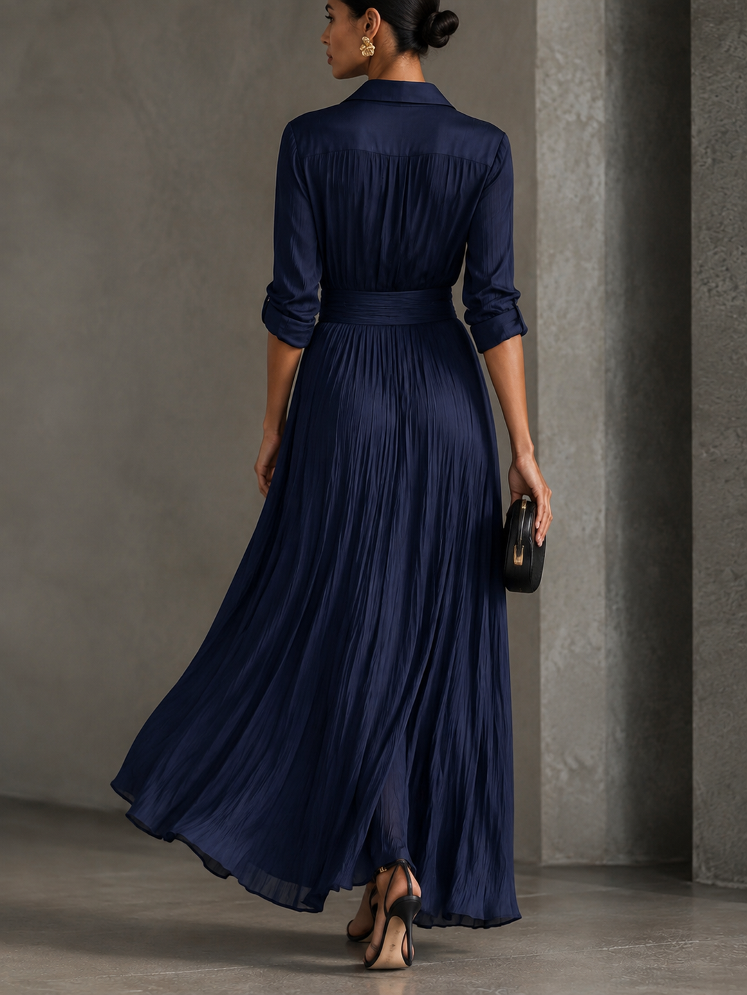Gianella | Elegant Navy Blue Maxi Shirt Dress with Knot
