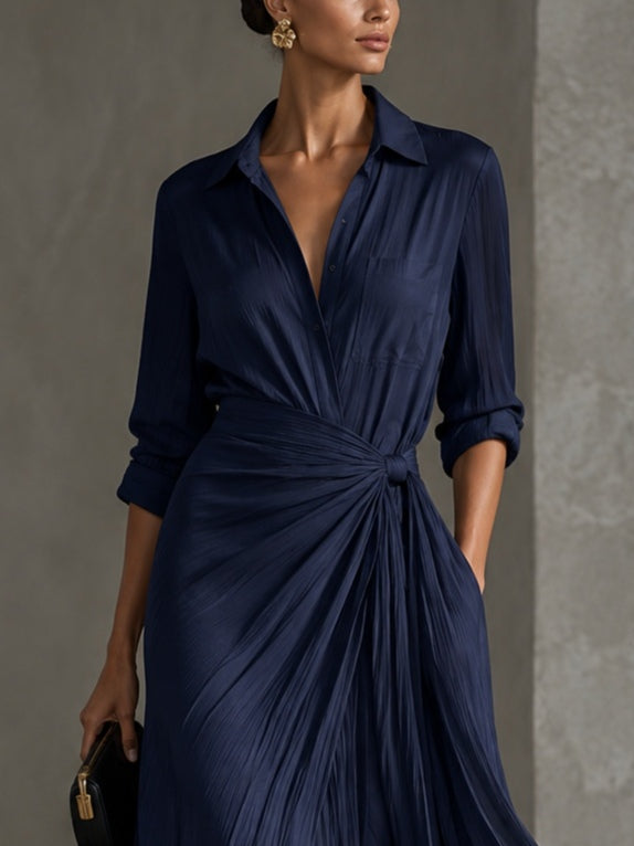 Gianella | Elegant Navy Blue Maxi Shirt Dress with Knot