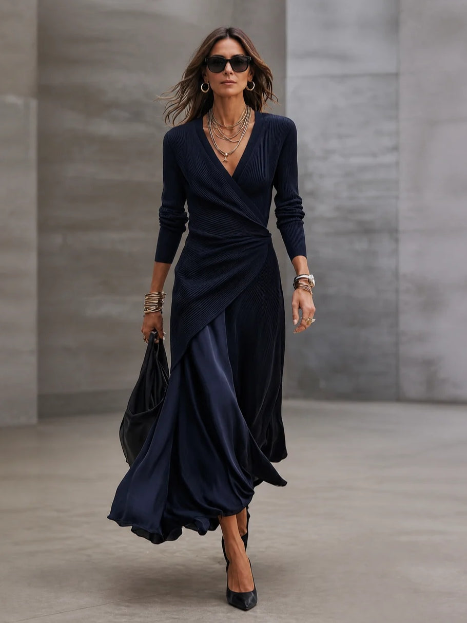 Louvie | Asymmetrical Maxi Dress with V-Neck and Navy Blue Satin Panels
