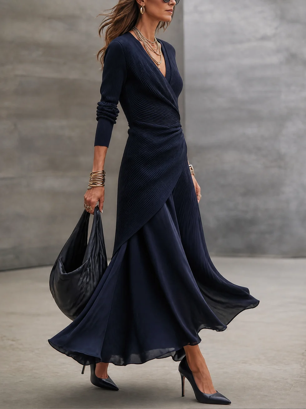 Louvie | Asymmetrical Maxi Dress with V-Neck and Navy Blue Satin Panels