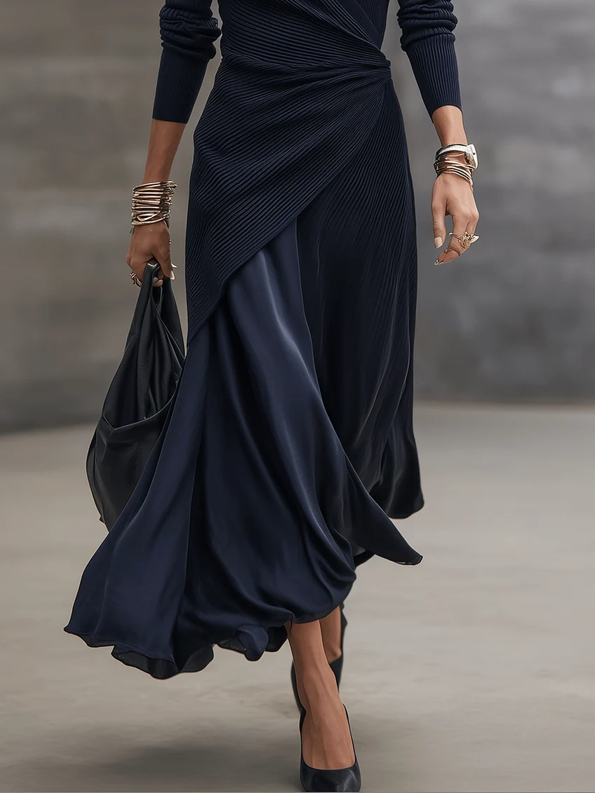 Louvie | Asymmetrical Maxi Dress with V-Neck and Navy Blue Satin Panels