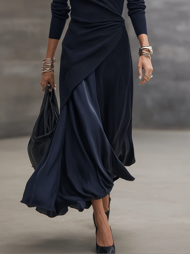 Louvie | Asymmetrical Maxi Dress with V-Neck and Navy Blue Satin Panels
