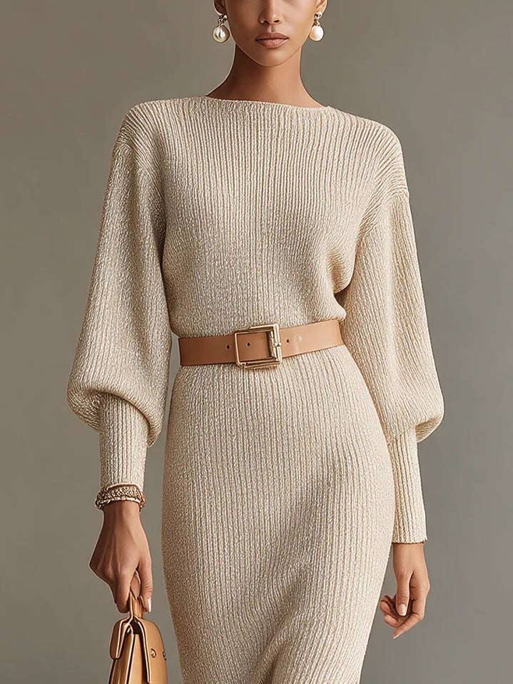 Elizah | Midi Dress with Boat Neck, Balloon Sleeves, and Side Slit, Oat (with Belt)