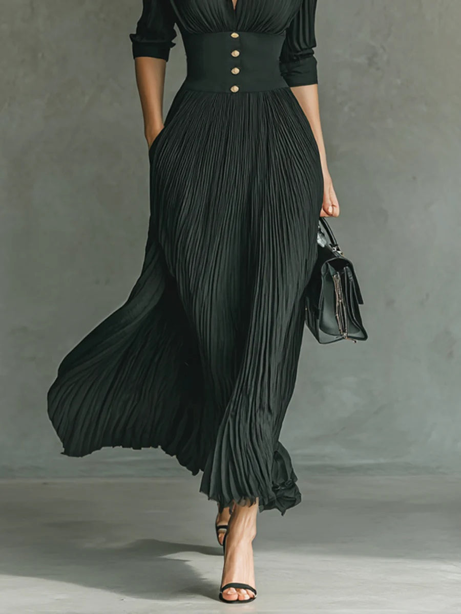 Elvire | Long Pleated Dress with Structured Collar and High Waist