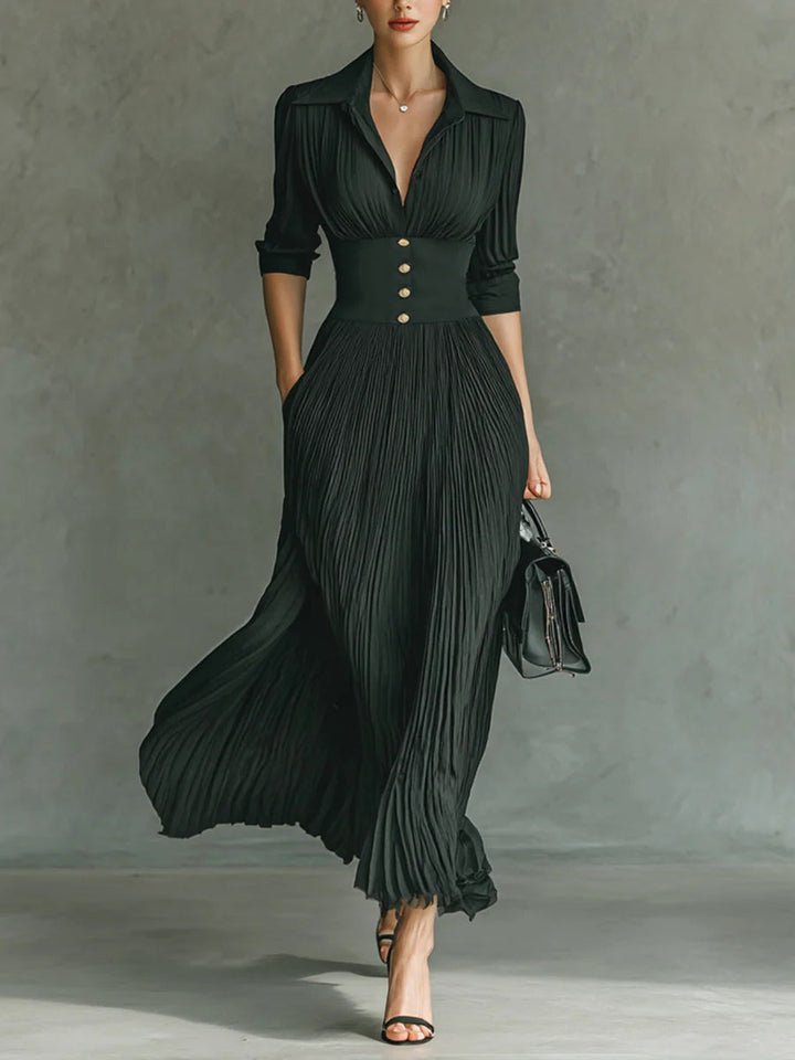 Elvire | Long Pleated Dress with Structured Collar and High Waist